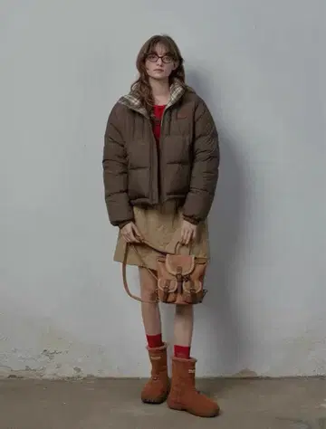 새상품 리버서블 다운 자켓 무지 x 체크 귀여운 따뜻한 브라운