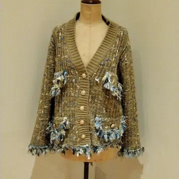 트위드풍 프린지 달린 가디건