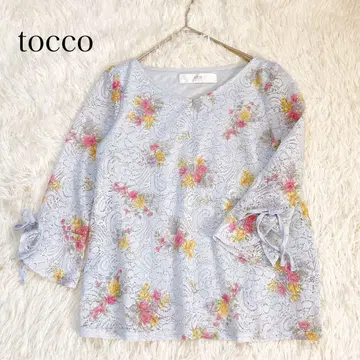 토코 클로젯 블라우스 플라워 레이스 7부 소매 리본 소매 라이트 블루