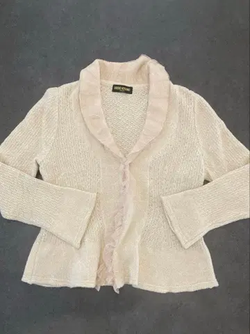 HIROKO KOSHINO 니트 가디건 프릴 크림색 라메 40