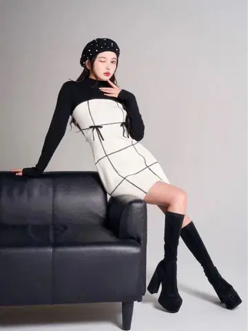 Darich 도킹 리본 디자인 니트 미니 원피스 FREE