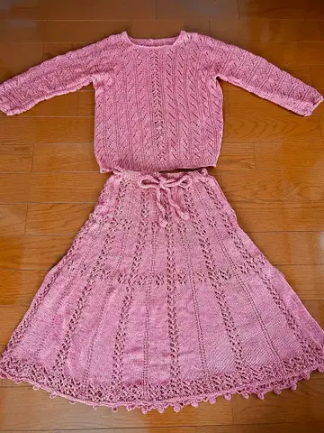 핑크 니트 레이스 편직 셋업