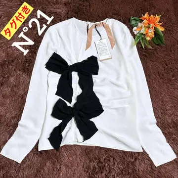 택 포함 누메로벤투노 실크 혼방 리본 모티브 블라우스 화이트 38