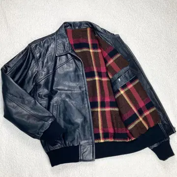 리얼 가죽 빈티지 스윙탑 해링턴 자켓 체크 무늬 블랙