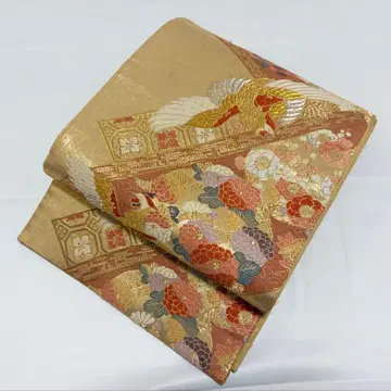 A 봉황과 꽃 문양 금실 순수 실크 육통 후쿠로 오비 포멀 O11