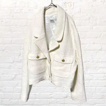 12335 ZARA 트위드 숏 자켓 S 화이트 골드 버튼 아이보리