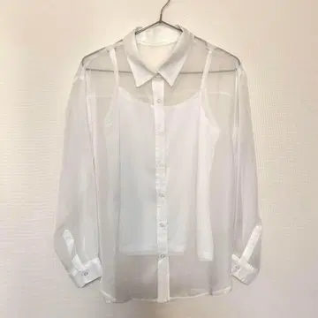 화이트 시스루 7부 소매 셔츠