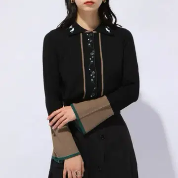 HARE 카라 부착 니트 꽃무늬 자카드 하이 믹스 니트 셔츠 가디건