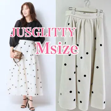 JUSGLITTY 도트 무늬 자수 턱 스커트 화이트 M 사이즈