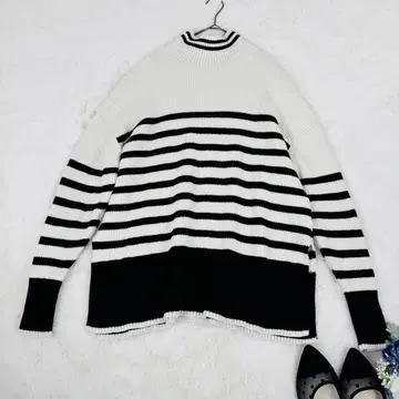 로우 게이지 코튼 보더 풀오버 하이넥 니트 워셔블