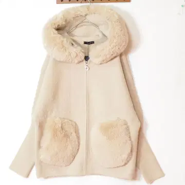 M~L 후드 인조 모피 지퍼 니트 블루종 여성용/베이지