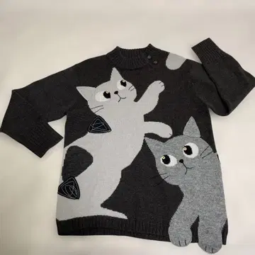 히코우센카라 고양이 패턴 니트 스웨터 긴팔 그레이
