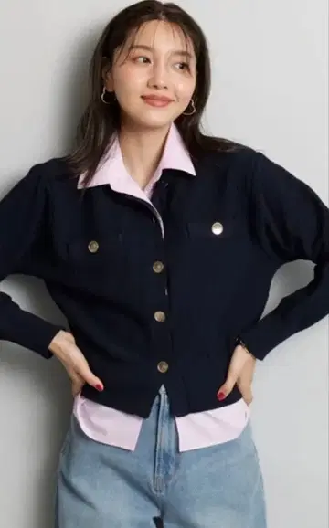 저스길리티 카라 카노코 가디건 네이비 니트