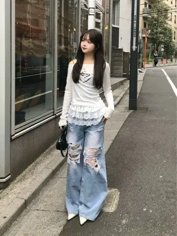 emmy 레이어드 레이스 데미지 데님 팬츠 레이스 포함 택 포함 새상품