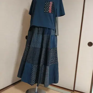 빈티지 원단 네이비 나염 패치워크 플레어 스커트 프리 사이즈