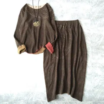 533 요건 레일 울 레이어드 니트 스커트 셋업 브라운