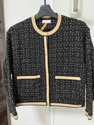 볼지 니트 콤비 트위드 크루넥 자켓 블랙