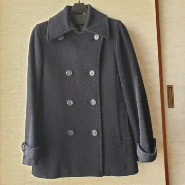 울 더블 브레스트 피 코트 네이비