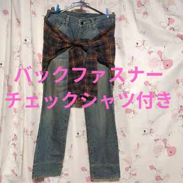 백 지퍼 체크 셔츠 포함 청바지