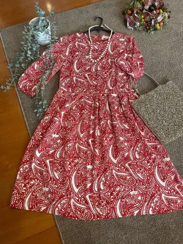 에스테라, 선명한, 페이즐리 무늬, 빨흰 원피스 L 사이즈