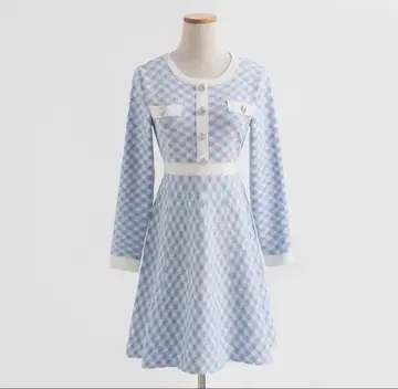 Sibra 스카이블루 깅엄 체크 쿨 넥 원피스