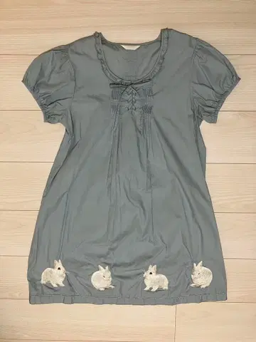 핑크하우스 토끼 자수 블루 그레이 반팔 튜닉