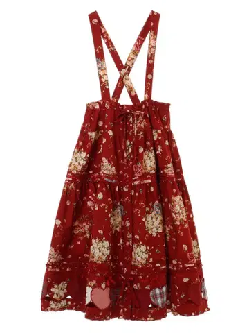 앙제리 로즈 프린트 패치워크 스커트 프론트 오픈 빨간색 하트 체크