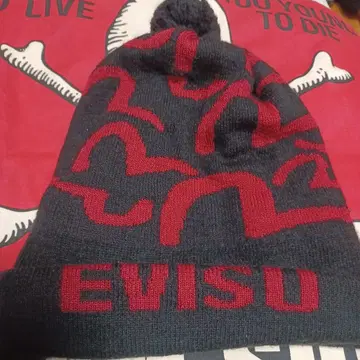 EVISU 로고 비니 모자 다크 그레이/레드