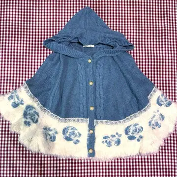 axes femme 액시즈 블루 x 화이트 후드 부착 니트 판초