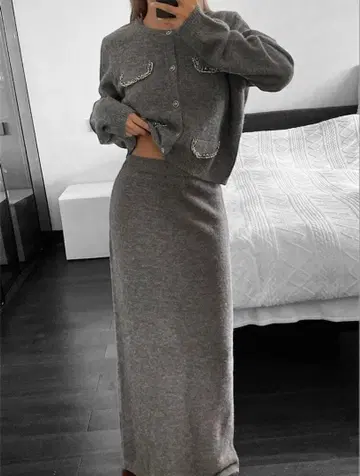 그레이 니트 가디건 스커트 세트 여성용