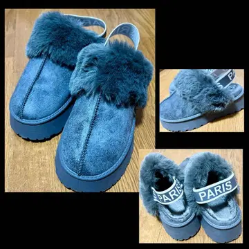 퍼 달린 클로그 샌들 귀여운 로고 디자인 그레이 계열 M 사이즈 따뜻한