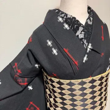 기모노 목화  쇼와 레트로 블랙 빨간색 세탁 가능