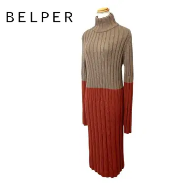 BELPER 리브 니트 슬릿 원피스 모크넥 바이컬러 Free