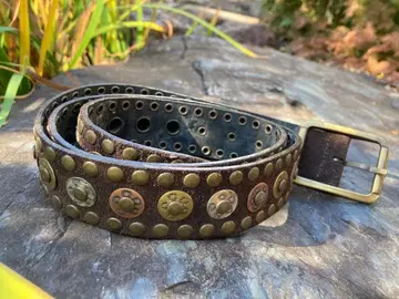 프랑스제 빈티지 가죽 스터드 장식 벨트 브라운