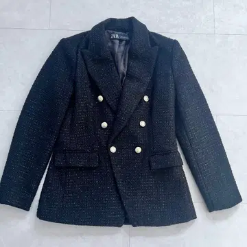새상품급 자라 트위드 더블 브레스트 자켓 골드 버튼 블랙 M