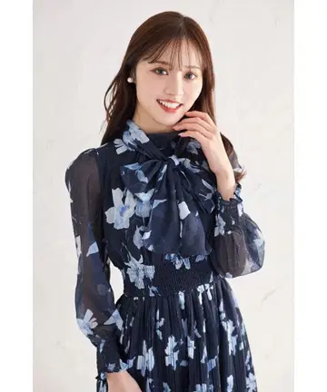 2WAY 보타이 리본 포함 플라워 프린트 셔링 플리츠 원피스