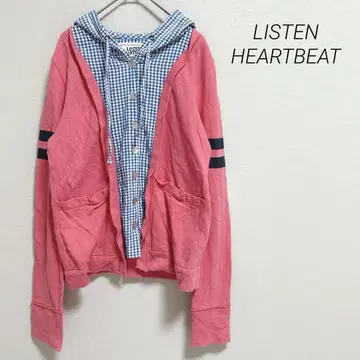 리슨 하트 비트 후드 부착 후드티 체크 무늬 레이어드 스타일 포켓 M