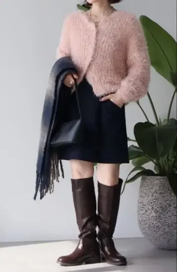 샤기 니트 크루넥 가디건 L 핑크