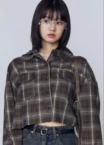 택 포함 새상품 EMODA 크롭 후드 셔츠 체크 셔츠 카키