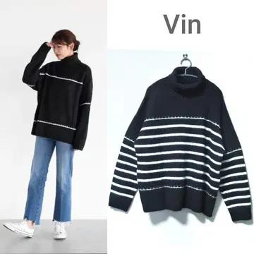 새상품 야마다야 Vin 라인 디자인 터틀넥 니트 보더