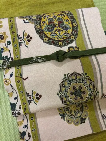 더스티 핑크에 귀여운 꽃 문양 염색 나고야 오비 긴 길이