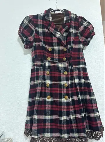 LIZLISA 체크 무늬 반팔 원피스 레이스 포함