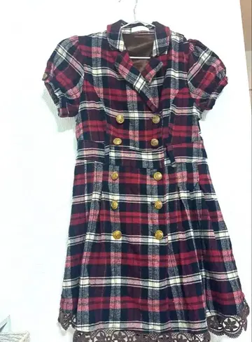 LIZLISA 체크 무늬 반팔 원피스 레이스 포함