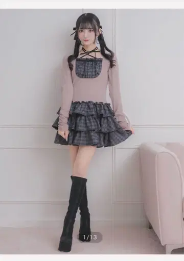 pium 라운드 프릴 티어드 리브 원피스