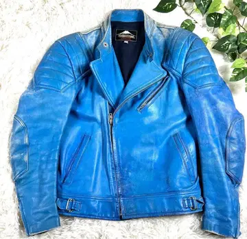 쿠시타니 더블 라이더 자켓 빈티지 80s 일본제 스카이블루 천연 가죽 L