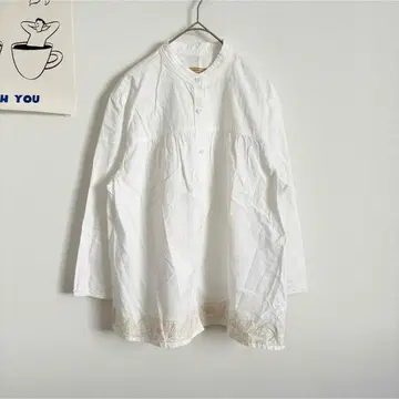 크로커다일 노카라 블라우스 밑단 자수 7부 소매 성숙/러블리