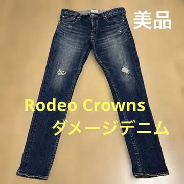 로데오 크라운즈 데미지 데님 스트레이트 핏 다크 블루