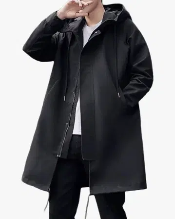 남성용 블랙 후드 부착 트렌치코트
