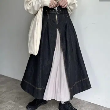 벨트 포함 쉬폰 플리츠 절개 스커트 데님 롱 스커트 블랙