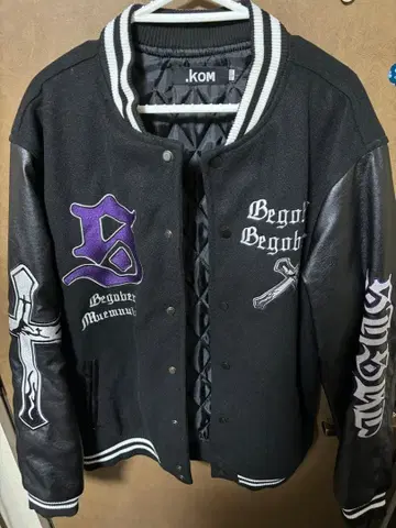 바시티 자켓 블랙 울 가죽 자수